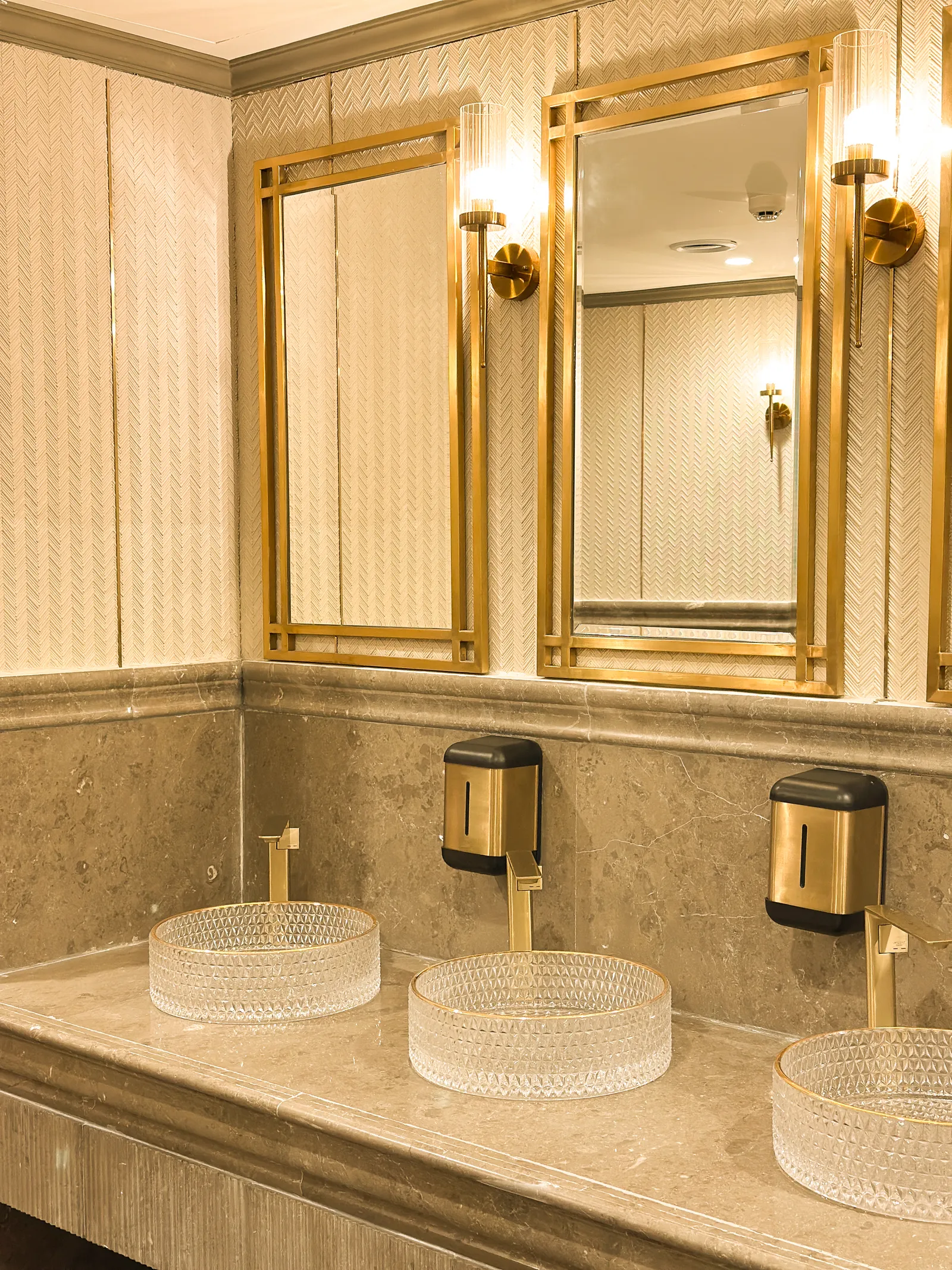 Vanity with gold-framed mirrors and crystal basins — Chalukya Samrat